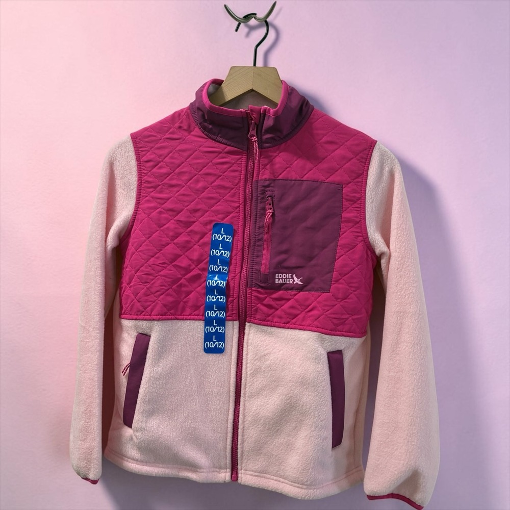 Eddie Bauer Kids Polar Fleece Jacket Vintage Pink Quilted Full Zip Girls L 10/12